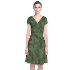 Green Army Camouflage Pattern Short Sleeve Front Wrap Dress by SpinnyChairDesigns