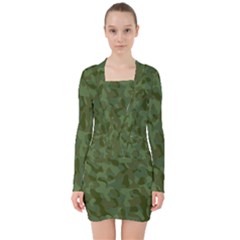 Green Army Camouflage Pattern V-neck Bodycon Long Sleeve Dress by SpinnyChairDesigns