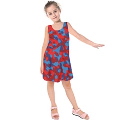 Red And Blue Camouflage Pattern Kids  Sleeveless Dress by SpinnyChairDesigns