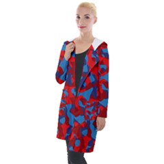 Red And Blue Camouflage Pattern Hooded Pocket Cardigan by SpinnyChairDesigns