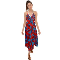 Red And Blue Camouflage Pattern Halter Tie Back Dress  by SpinnyChairDesigns