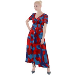 Red And Blue Camouflage Pattern Button Up Short Sleeve Maxi Dress by SpinnyChairDesigns