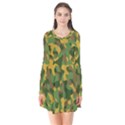 Yellow Green Brown Camouflage Long Sleeve V-neck Flare Dress View1