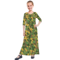 Yellow Green Brown Camouflage Kids  Quarter Sleeve Maxi Dress by SpinnyChairDesigns