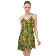 Yellow Green Brown Camouflage Summer Time Chiffon Dress by SpinnyChairDesigns