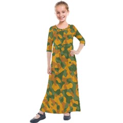 Green And Orange Camouflage Pattern Kids  Quarter Sleeve Maxi Dress by SpinnyChairDesigns