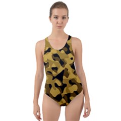 Black Yellow Brown Camouflage Pattern Cut-out Back One Piece Swimsuit by SpinnyChairDesigns