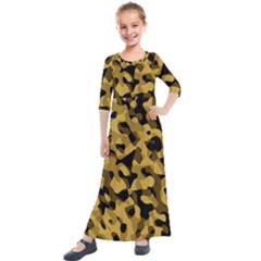 Black Yellow Brown Camouflage Pattern Kids  Quarter Sleeve Maxi Dress by SpinnyChairDesigns