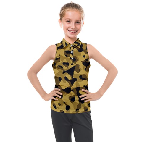 Black Yellow Brown Camouflage Pattern Kids  Sleeveless Polo Tee by SpinnyChairDesigns