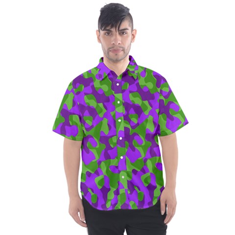 Purple And Green Camouflage Men s Short Sleeve Shirt by SpinnyChairDesigns