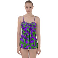 Purple And Green Camouflage Babydoll Tankini Set by SpinnyChairDesigns