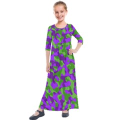 Purple And Green Camouflage Kids  Quarter Sleeve Maxi Dress by SpinnyChairDesigns