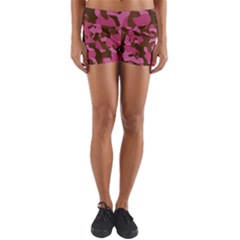 Pink And Brown Camouflage Yoga Shorts by SpinnyChairDesigns