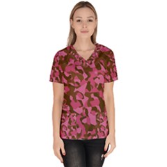 Pink And Brown Camouflage Women s V-neck Scrub Top by SpinnyChairDesigns