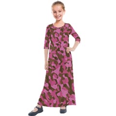 Pink And Brown Camouflage Kids  Quarter Sleeve Maxi Dress by SpinnyChairDesigns