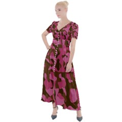 Pink And Brown Camouflage Button Up Short Sleeve Maxi Dress by SpinnyChairDesigns