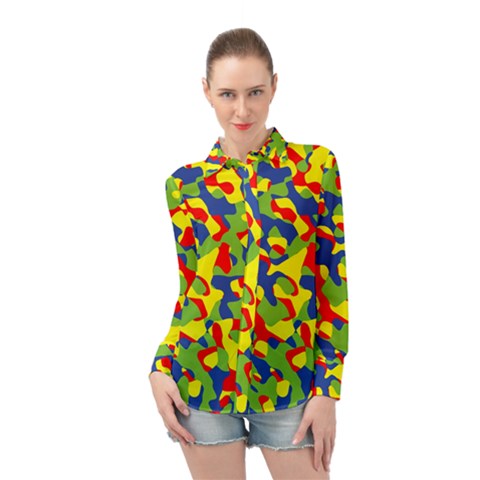 Colorful Rainbow Camouflage Pattern Long Sleeve Chiffon Shirt by SpinnyChairDesigns