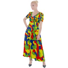 Colorful Rainbow Camouflage Pattern Button Up Short Sleeve Maxi Dress by SpinnyChairDesigns