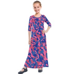 Blue And Pink Camouflage Pattern Kids  Quarter Sleeve Maxi Dress by SpinnyChairDesigns