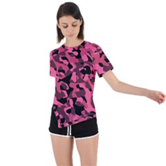 Black And Pink Camouflage Pattern Asymmetrical Short Sleeve Sports Tee by SpinnyChairDesigns