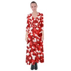 Red And White Camouflage Pattern Button Up Maxi Dress by SpinnyChairDesigns