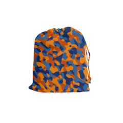 Blue And Orange Camouflage Pattern Drawstring Pouch (medium) by SpinnyChairDesigns