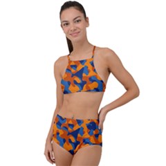 Blue And Orange Camouflage Pattern High Waist Tankini Set by SpinnyChairDesigns