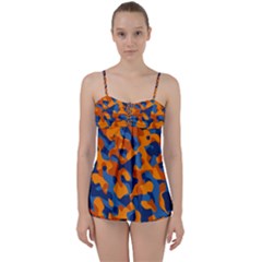 Blue And Orange Camouflage Pattern Babydoll Tankini Set by SpinnyChairDesigns