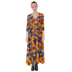 Blue And Orange Camouflage Pattern Button Up Maxi Dress by SpinnyChairDesigns