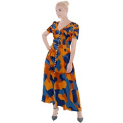 Blue And Orange Camouflage Pattern Button Up Short Sleeve Maxi Dress by SpinnyChairDesigns