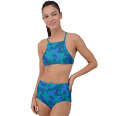 Blue Turquoise Teal Camouflage Pattern High Waist Tankini Set by SpinnyChairDesigns