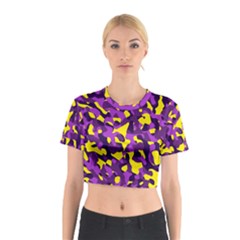 Purple And Yellow Camouflage Pattern Cotton Crop Top by SpinnyChairDesigns