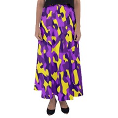 Purple And Yellow Camouflage Pattern Flared Maxi Skirt by SpinnyChairDesigns