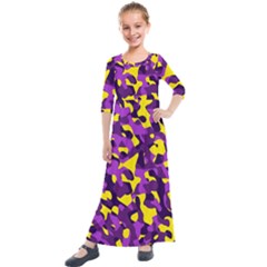 Purple And Yellow Camouflage Pattern Kids  Quarter Sleeve Maxi Dress by SpinnyChairDesigns