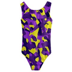 Purple And Yellow Camouflage Pattern Kids  Cut-out Back One Piece Swimsuit by SpinnyChairDesigns