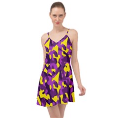 Purple And Yellow Camouflage Pattern Summer Time Chiffon Dress by SpinnyChairDesigns