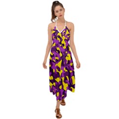 Purple And Yellow Camouflage Pattern Halter Tie Back Dress  by SpinnyChairDesigns