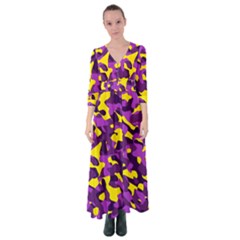 Purple And Yellow Camouflage Pattern Button Up Maxi Dress by SpinnyChairDesigns