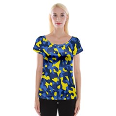 Blue And Yellow Camouflage Pattern Cap Sleeve Top by SpinnyChairDesigns