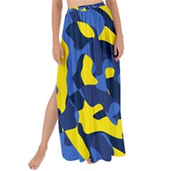 Blue And Yellow Camouflage Pattern Maxi Chiffon Tie-up Sarong by SpinnyChairDesigns