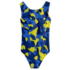 Blue And Yellow Camouflage Pattern Kids  Cut-out Back One Piece Swimsuit by SpinnyChairDesigns