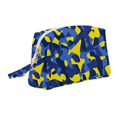 Blue And Yellow Camouflage Pattern Wristlet Pouch Bag (medium) by SpinnyChairDesigns