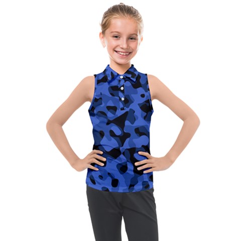 Black And Blue Camouflage Pattern Kids  Sleeveless Polo Tee by SpinnyChairDesigns