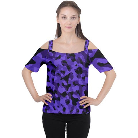 Purple Black Camouflage Pattern Cutout Shoulder Tee by SpinnyChairDesigns