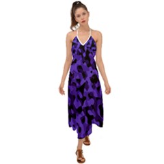 Purple Black Camouflage Pattern Halter Tie Back Dress  by SpinnyChairDesigns