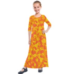 Orange And Yellow Camouflage Pattern Kids  Quarter Sleeve Maxi Dress by SpinnyChairDesigns