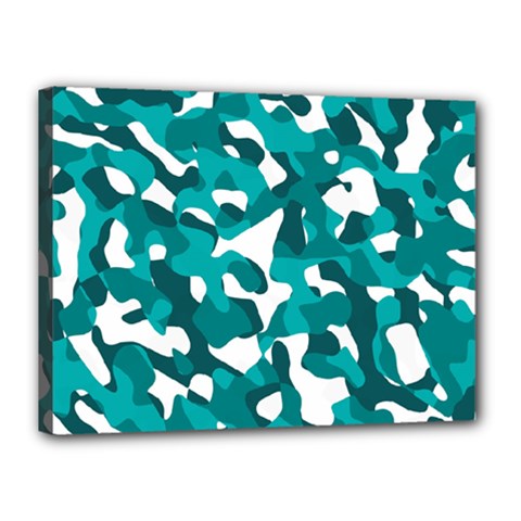 Teal And White Camouflage Pattern Canvas 16  X 12  (stretched) by SpinnyChairDesigns