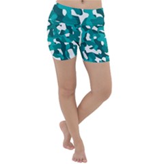 Teal And White Camouflage Pattern Lightweight Velour Yoga Shorts by SpinnyChairDesigns