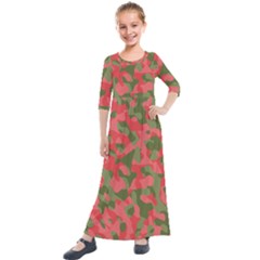 Pink And Green Camouflage Pattern Kids  Quarter Sleeve Maxi Dress by SpinnyChairDesigns