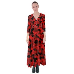 Red And Black Camouflage Pattern Button Up Maxi Dress by SpinnyChairDesigns